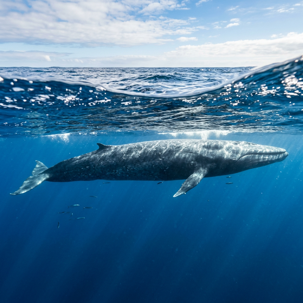 Blue whale swimming underwater near ocean surface with small fish around